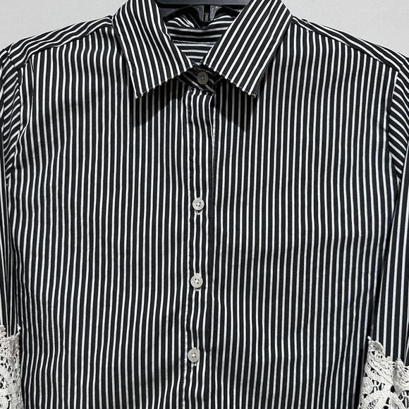 Chicos Shirt Womens 10 Gray White Stripe Button Front Lace Long Sleeve Blouse - Picture 2 of 8